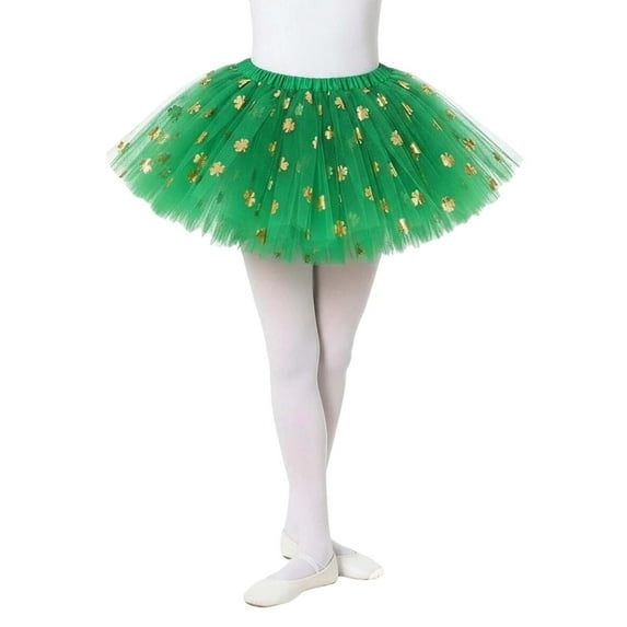 XIAONU Women's Clover-Print Tulle Skirt Elastic Waist Layered Tutus Festive St. Patrick‘s Day Skirts