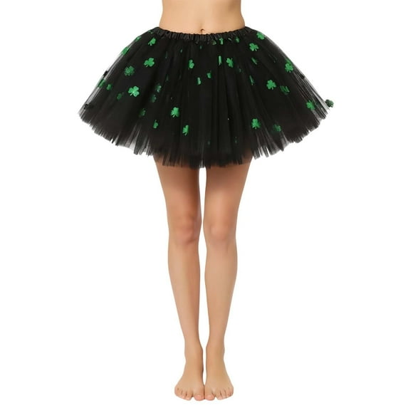 XIAONU Women's Clover-Print Tulle Skirt Elastic Waist Layered Tutus Festive St. Patrick‘s Day Skirts