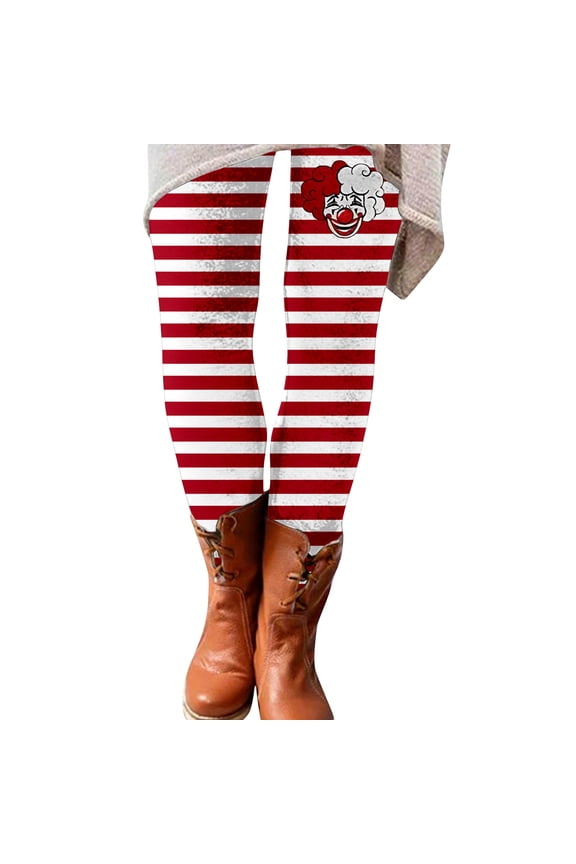 Women's Clown Print Leggings Slim Fit Stripe Pattern Bottoms Stretchy Carnival Style Pants Red