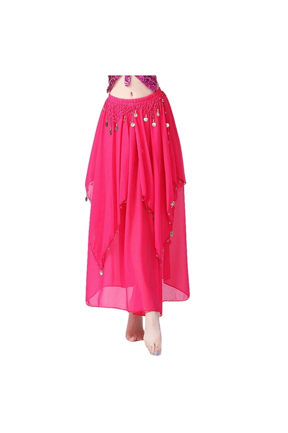 Women's Coin Trimmed Skirt Set Layered Asymmetrical Flowy Chiffon Skirt Lightweight Exotic Performance Dance Bottoms