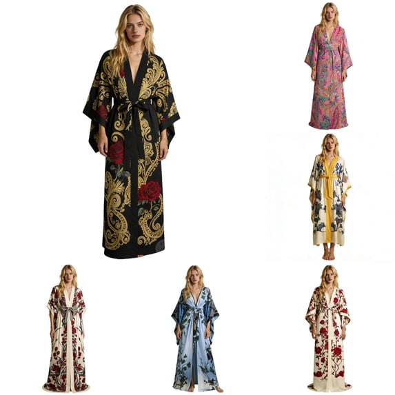 XIAONU Women's Comfortable Long Sleeve Sleep Robe Floral Belted Vacation Daily Wear Sleepwear