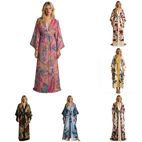 XIAONU Women's Comfortable Long Sleeve Sleep Robe Floral Belted Vacation Daily Wear Sleepwear