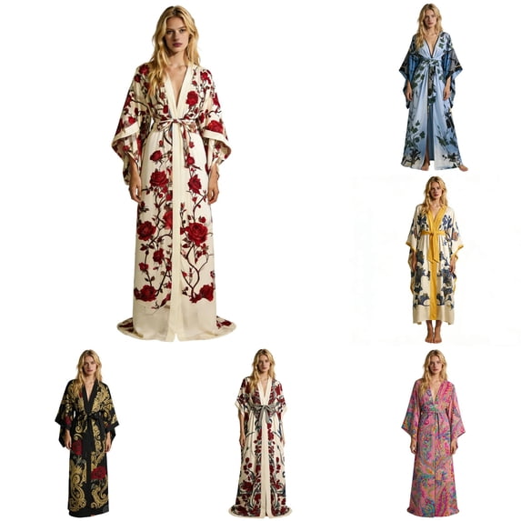 XIAONU Women's Comfortable Long Sleeve Sleep Robe Floral Belted Vacation Daily Wear Sleepwear