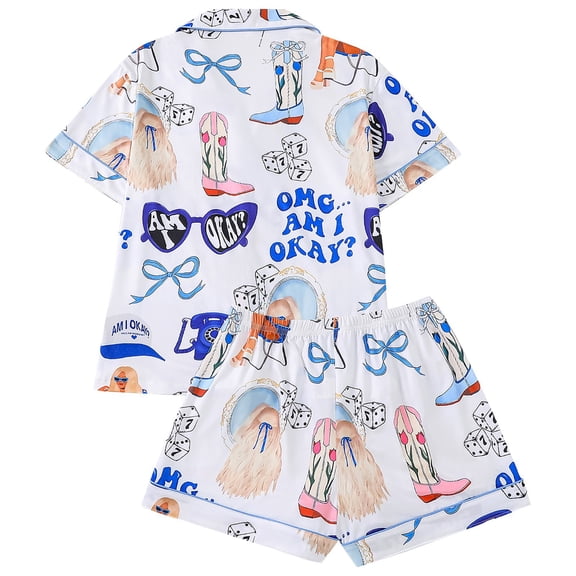 XIAONU Women's Cowboy Boot Bow Dice Print Pajama Set Loose Short Sleeve Notched Collar Sleep Set Soft Quirky Sleep Pajamas