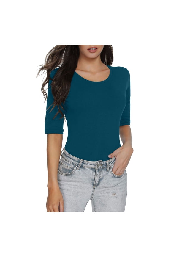 Women's Crew Neck Elbow Sleeve Top Slim Fit Casual Everyday Form Fitted Basic Tee