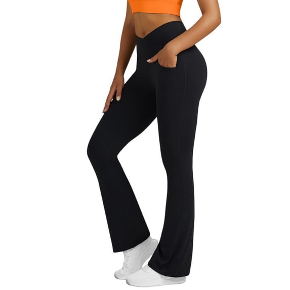XIAONU Women's Crisscross Waist Flare Pants Flared Full Length Elastic Waist Trousers Stretch Sleek Casual Bottoms