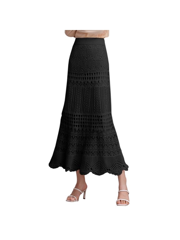 Women's Crochet-Knit Maxi Skirt Elastic-Waist Scalloped Skirt Elegant Airy Summer Party Wear
