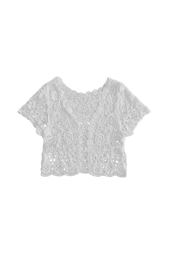 Women's Cropped Short Sleeve Blouse Sheer Openwork Floral Casual Everyday Shirt
