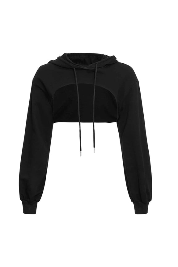 Women's Cropped Solid Hoodie Long Puff Sleeve Drawstring Pullover Edgy Streetwear Hoodies M