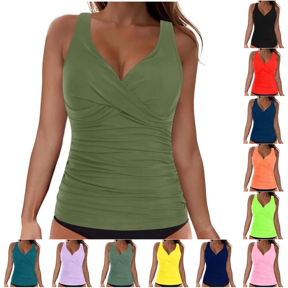 XIAONU Women's Cross-Back Ruched Tankini V-Neck Summer Sea Swim Top