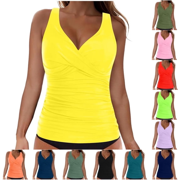 XIAONU Women's Cross-Back Ruched Tankini V-Neck Summer Sea Swim Top