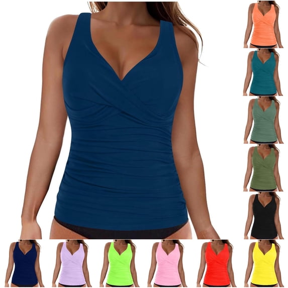 XIAONU Women's Cross-Back Ruched Tankini V-Neck Summer Sea Swim Top