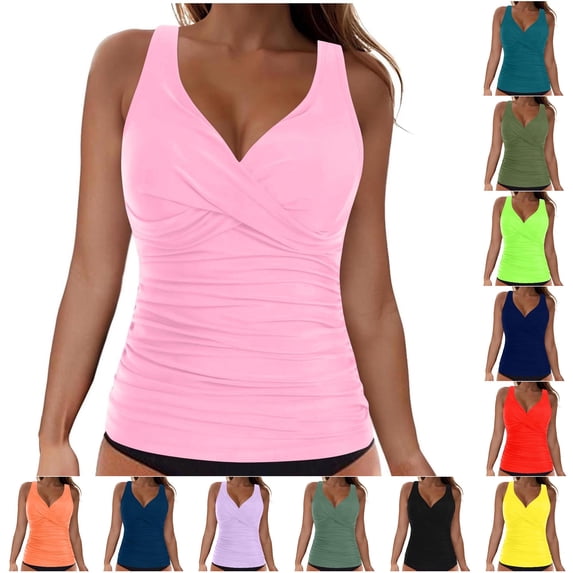 XIAONU Women's Cross-Back Ruched Tankini V-Neck Summer Sea Swim Top