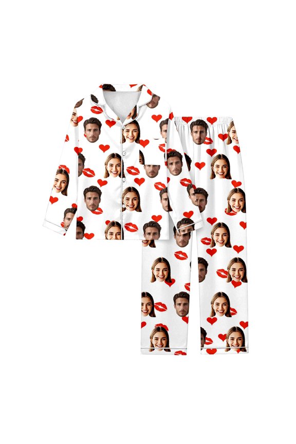 Women's Custom DIY Face Heart Lips Pajama Set Loose Long Sleeve Notched Collar Sleepwear Set Soft Romantic Sleep Pajama Sets