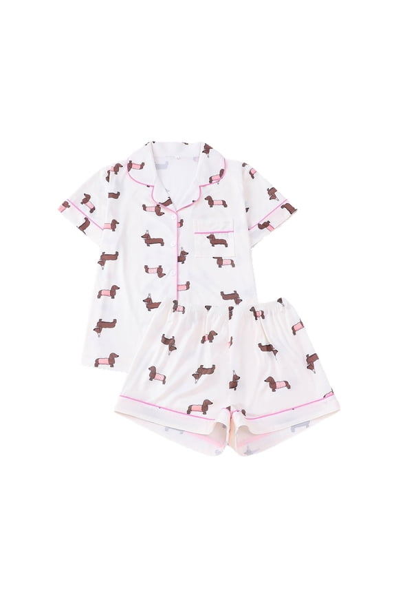 Women's Dachshund Print Pajama Set Short Sleeve Button Down Silky Smooth Sleepwear Cute Loungewear