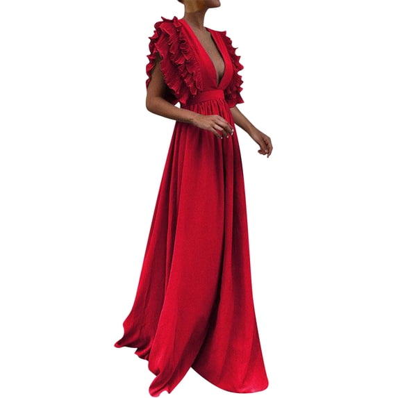 XIAONU Women's Deep V Neck Ruffle Sleeve Maxi Dress A Line Formal Evening Bridesmaid Party Gown