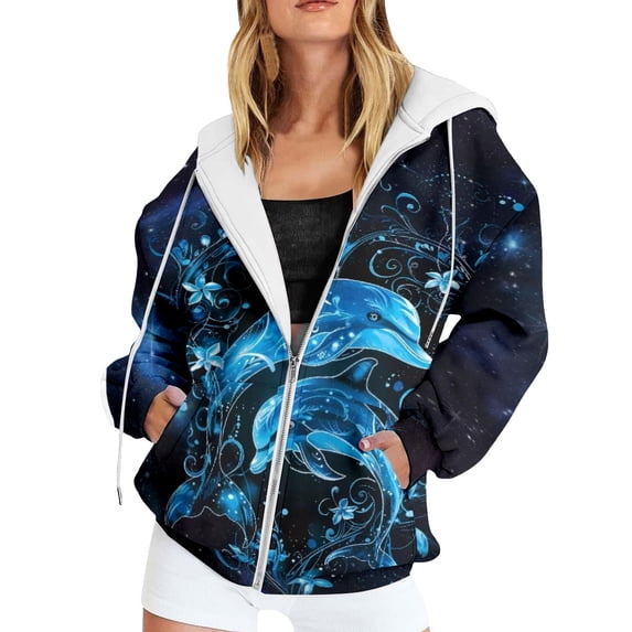 XIAONU Women's Dolphin Print Hoodie Full Zip Long Sleeve Jacket Soft Casual Ocean Themed Hoodies