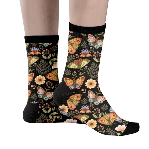 XIAONU Women's Elastic Floral Butterfly Print Mid Calf Socks