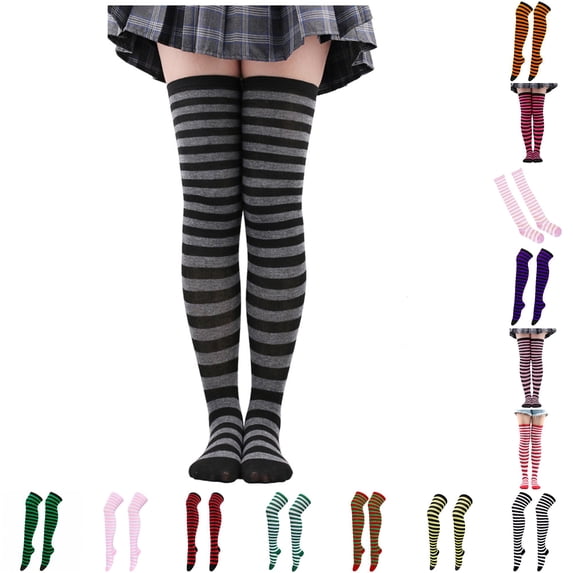 XIAONU Women's Elastic Striped Thigh High Socks