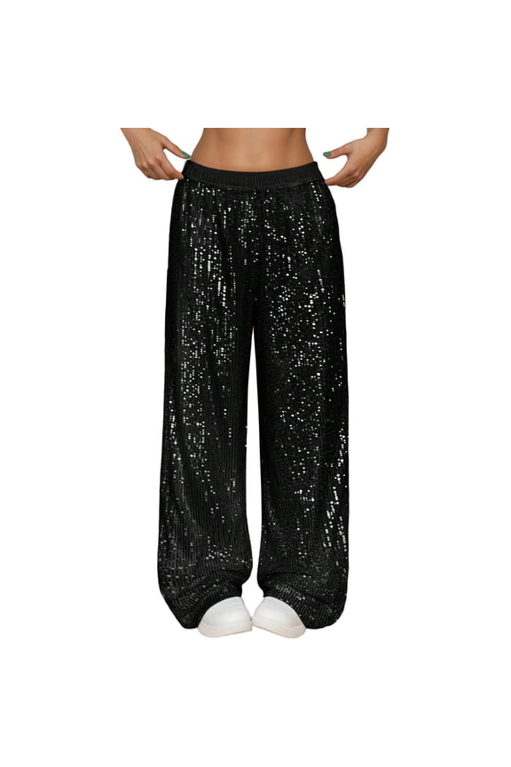 Women's Elastic Waist Sequin Pants Wide Leg Shimmering Party Night Out Long Trousers