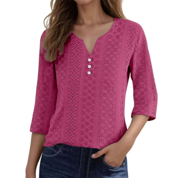 XIAONU Women's Elegant Jacquard Three Quarter Sleeve Blouse Stylish Boho Casual Top Everyday Wear Comfortable Fashion Tunic