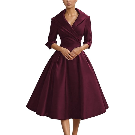 XIAONU Women’s Elegant Midi Dress Collared Three Quarter Sleeve Fitted Waist Flared Party Dresses