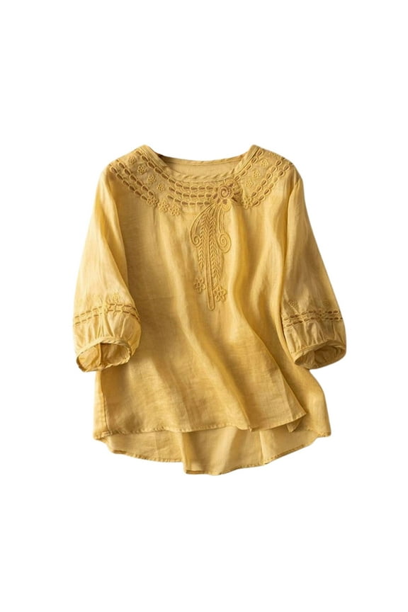 Women's Embroidered Half Sleeve Blouses Curved Hem Round Neck Tunic Top Breathable Boho Dailywear Shirt