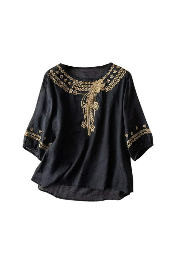 Women's Embroidered Half Sleeve Blouses Curved Hem Round Neck Tunic Top Breathable Boho Dailywear Shirt