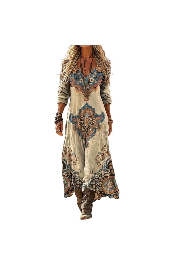 Women's Ethnic Pattern Maxi Dress V Neck 3/4 Sleeve Boho Casual Loose Flowy Long Dress