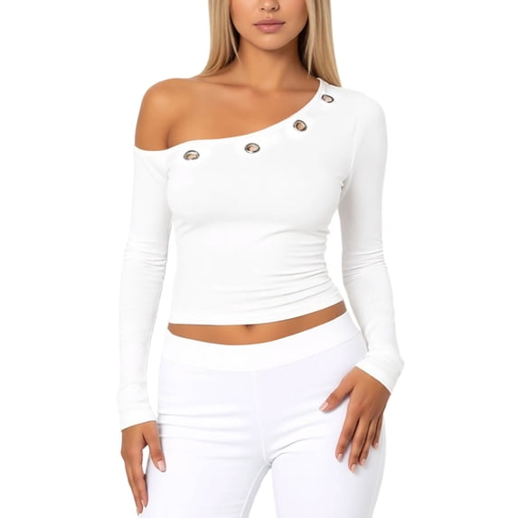 XIAONU Women's Eyelet Crop Top Slim Fit Long Sleeve Off Shoulder Pullover Top Stretchy Sexy Night Out Wear Blouse
