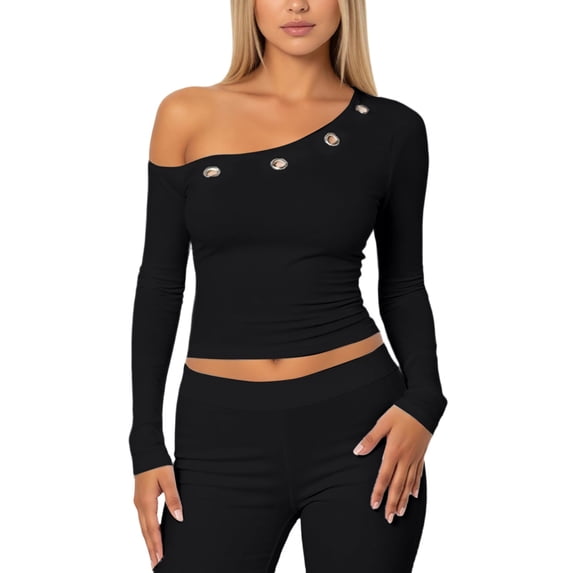 XIAONU Women's Eyelet Crop Top Slim Fit Long Sleeve Off Shoulder Pullover Top Stretchy Sexy Night Out Wear Blouse
