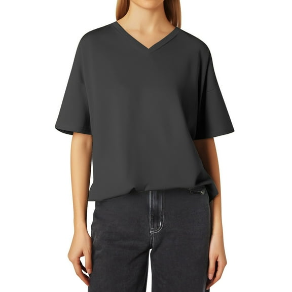 XIAONU Women's Fashion Casual V Neck Loose Fit Short Sleeve Solid Color Basic Tee Top Blouse