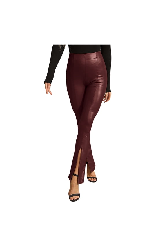 Women's Leather Flare Leggings High Waist Split Hem Bottoms Sleek Edgy Party Trousers