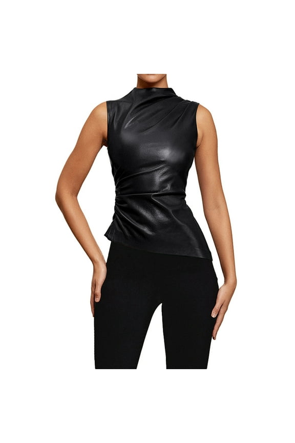 Women's Leather Sleeveless Top Neck Ruched Side Blouse Sleek Modern Evening Camisole