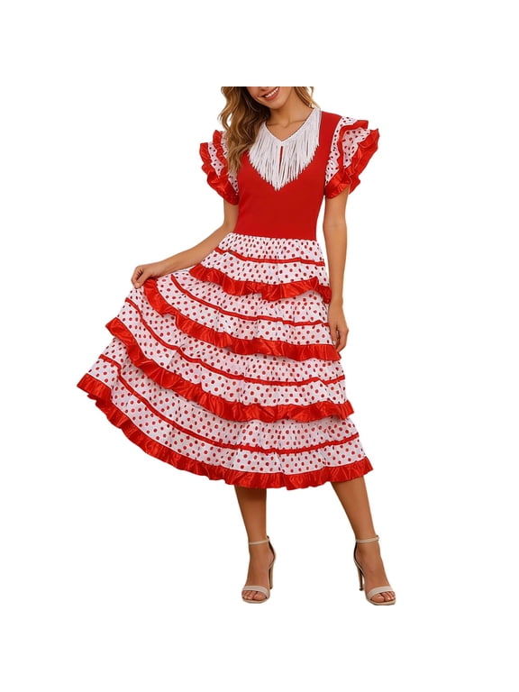 Women's Flamenco Dress Polka Dot Ruffled Fringe Short Sleeve Spanish Dance Midi Gown