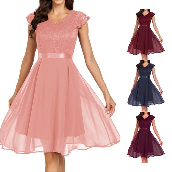XIAONU Women's Flared Sleeve Short Dress V Neck Lace Overlay Spring Wedding Knee Length Gown