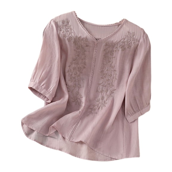 XIAONU Women's Floral Embroidered Blouse Loose-Fit 3/4 Sleeve Peplum Top Lightweight Breathable Casual Shirt