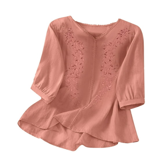 XIAONU Women's Floral Embroidered Blouse Loose-Fit 3/4 Sleeve Peplum Top Lightweight Breathable Casual Shirt