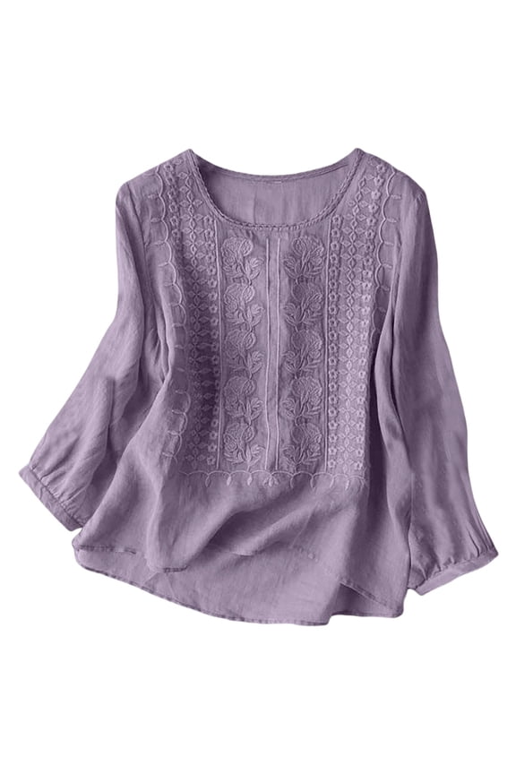 Women's Floral Embroidered Blouse Loose Gathered Three Quarter Sleeve Crew Neck Pullover Top Breathable Boho Casual Shirts