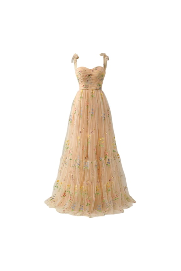 Women's Floral Embroidered Tie Strap Maxi Dress Sweetheart Neck Ruched Bodice Evening Gown