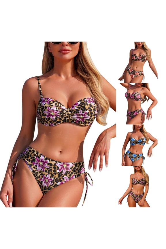 Women's Floral Leopard Print Bikini Set Tie Side Summer Beach Swim Separates
