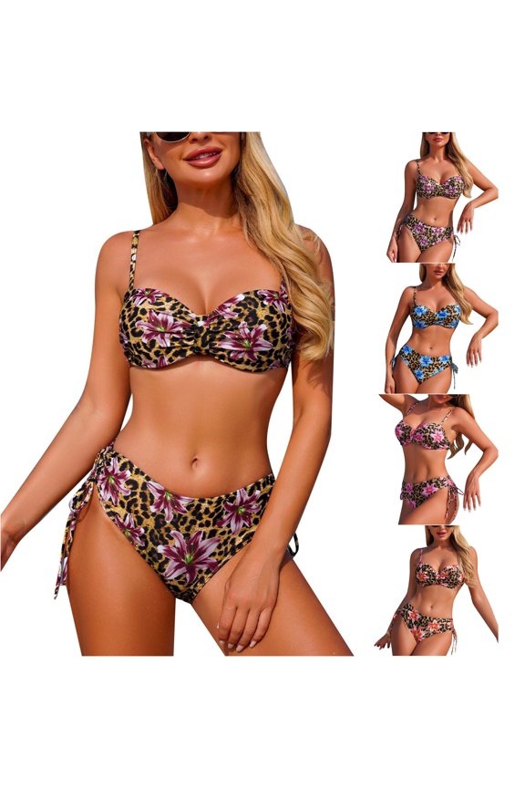 Women's Floral Leopard Print Bikini Set Tie Side Summer Beach Swim Separates