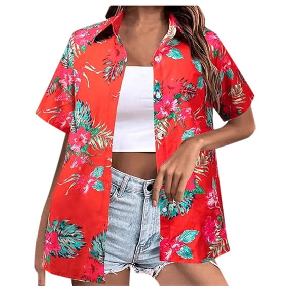 XIAONU Women's Floral Print Button Up Shirts Oversized Collared Blouse Lightweight Vacation Casual Top