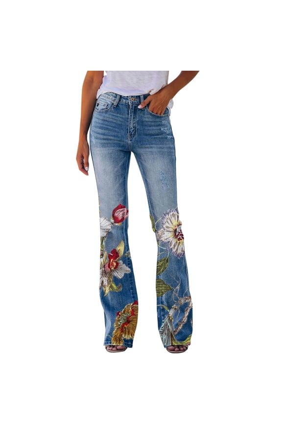 Women's Floral Print Flare Jeans High Waist Distressed Denim Trousers Boho Chic Casual Everyday Bottoms Beige