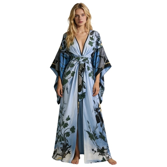 XIAONU Women's Floral Print Long Kimono Robe Flowy Floor-Length Nighttime Elegant Wrap Gown
