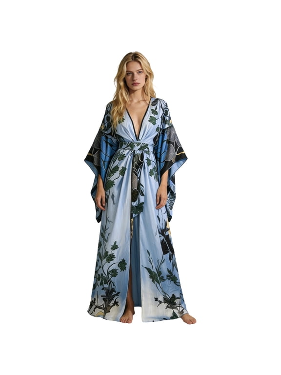 Women's Floral Print Long Kimono Robe Flowy Floor-Length Nighttime Elegant Wrap Gown