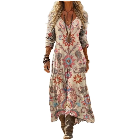 XIAONU Women's Floral Print Maxi Dress V Neck 3/4 Sleeve Bohemian Casual Loose Flowy Long Dress