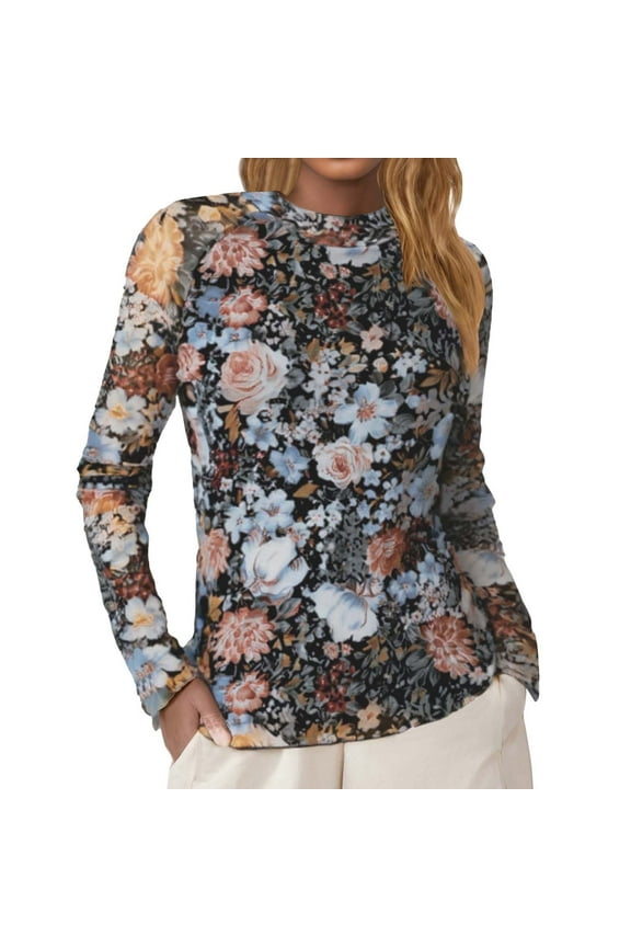 Women's Floral Print Raglan Sleeve Top form Fitting Long Sleeve Mock Neck Pullover Top Sheer Elegant Party Tops