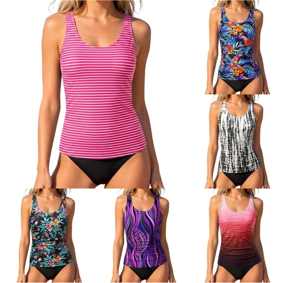 XIAONU Women's Floral Print Tankini Set Scoop Neck Summer Pool Swim Suit