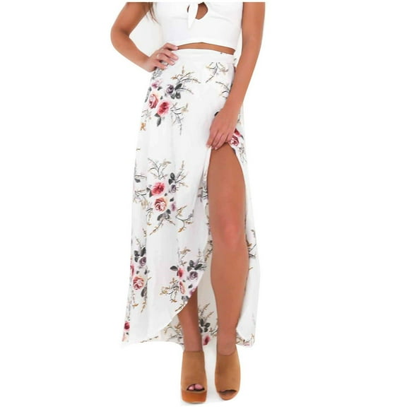 XIAONU Women's Floral-Print Wrap Midi Skirt Asymmetrical Flowy Skirt Romantic Bohemian Casual Vacation Date Wear